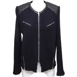 IRO CEYLONA Jacket Coat Leather Knit Black Midnight Blue Long Sleeve Zipper 42